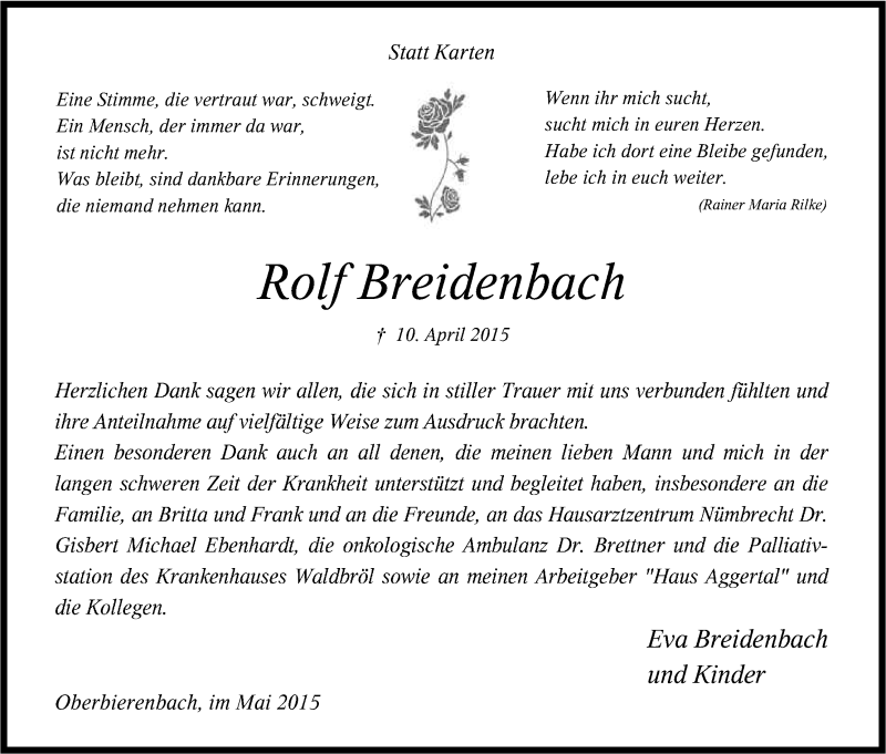  Traueranzeige für Rolf Breidenbach vom 23.05.2015 aus Kölner Stadt-Anzeiger / Kölnische Rundschau / Express
