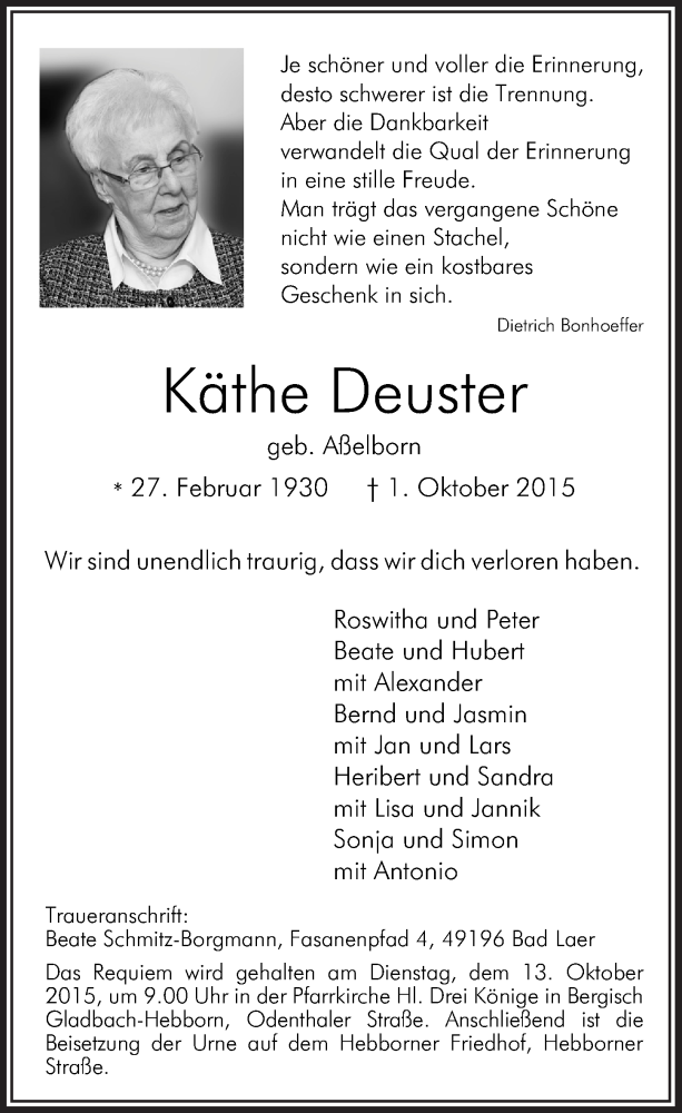  Traueranzeige für Käthe Deuster vom 07.10.2015 aus  Bergisches Handelsblatt 