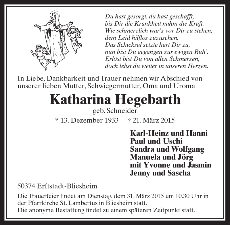  Traueranzeige für Katharina Hegebarth vom 28.03.2015 aus  Sonntags-Post 