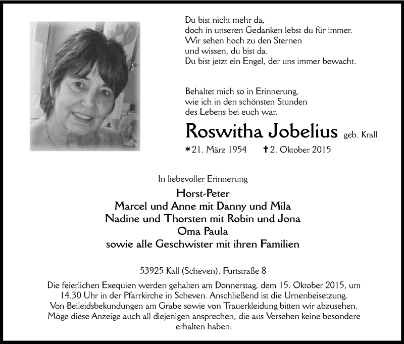  Traueranzeige für Roswitha Jobelius vom 09.10.2015 aus Kölner Stadt-Anzeiger / Kölnische Rundschau / Express