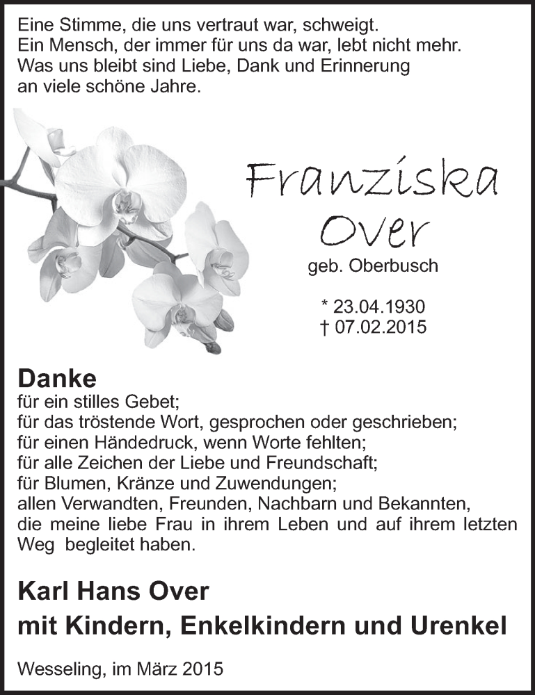  Traueranzeige für Franziska Over vom 04.03.2015 aus  Schlossbote/Werbekurier 