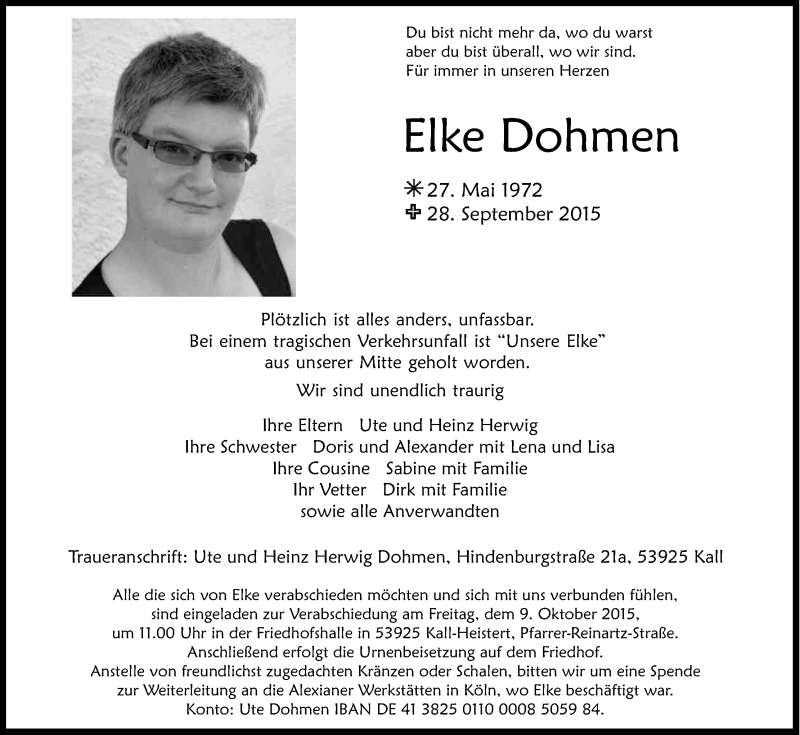 Traueranzeige für Elke Dohmen vom 06.10.2015 aus Kölner Stadt-Anzeiger / Kölnische Rundschau / Express