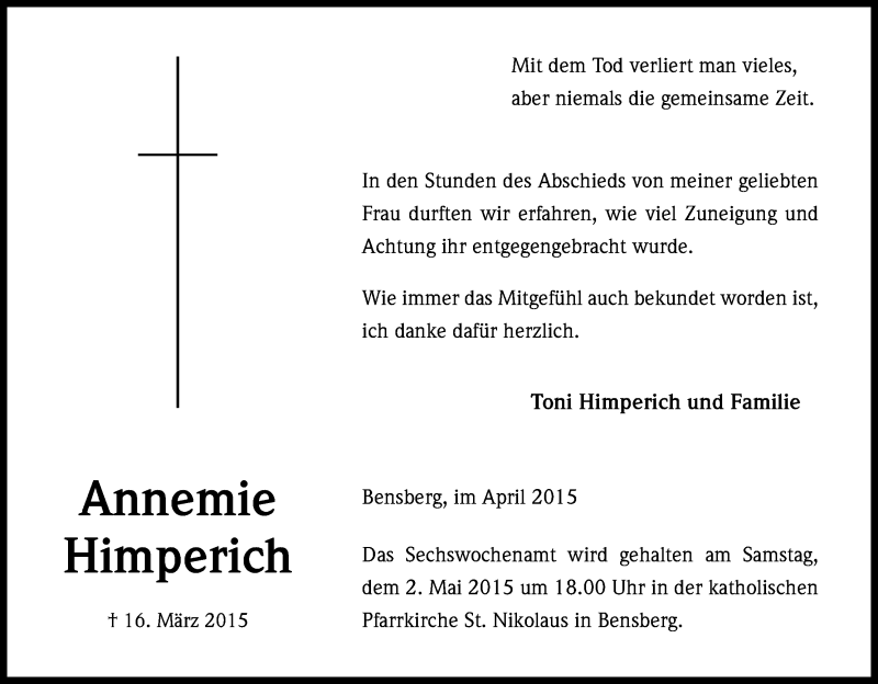  Traueranzeige für Annemie Himperich vom 25.04.2015 aus Kölner Stadt-Anzeiger / Kölnische Rundschau / Express