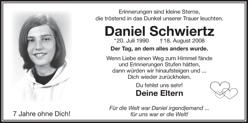  Traueranzeige für Daniel Schwiertz vom 19.08.2015 aus  Bergisches Handelsblatt 