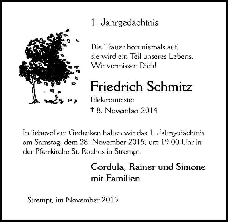  Traueranzeige für Friedrich Schmitz vom 22.11.2015 aus  Blickpunkt Euskirchen 