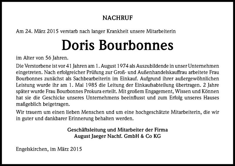  Traueranzeige für Doris Bourbonnes vom 27.03.2015 aus Kölner Stadt-Anzeiger / Kölnische Rundschau / Express