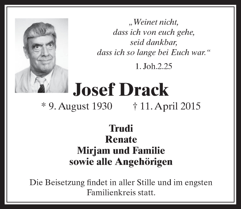  Traueranzeige für Josef Drack vom 15.04.2015 aus  Werbepost 