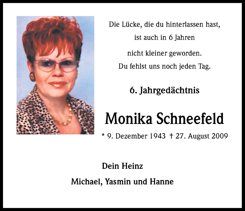  Traueranzeige für Monika Schneefeld vom 27.08.2015 aus Kölner Stadt-Anzeiger / Kölnische Rundschau / Express