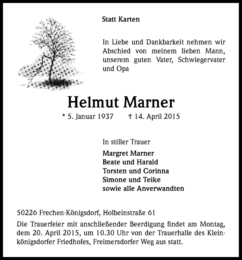  Traueranzeige für Helmut Marner vom 17.04.2015 aus Kölner Stadt-Anzeiger / Kölnische Rundschau / Express