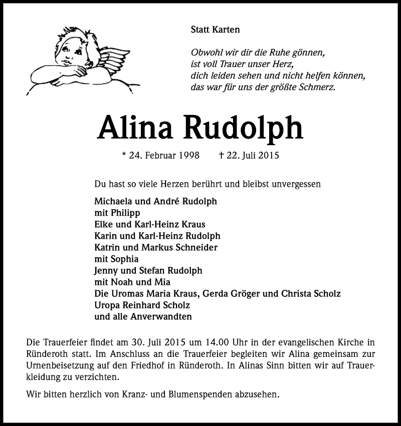  Traueranzeige für Alina Rudolph vom 25.07.2015 aus Kölner Stadt-Anzeiger / Kölnische Rundschau / Express