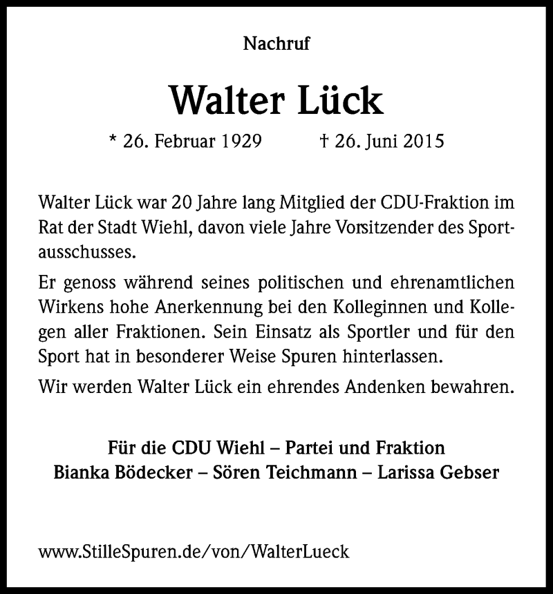  Traueranzeige für Walter Lück vom 03.07.2015 aus Kölner Stadt-Anzeiger / Kölnische Rundschau / Express