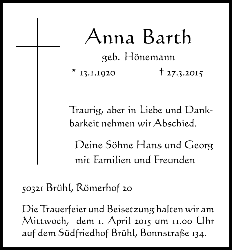  Traueranzeige für Anna Barth vom 31.03.2015 aus Kölner Stadt-Anzeiger / Kölnische Rundschau / Express