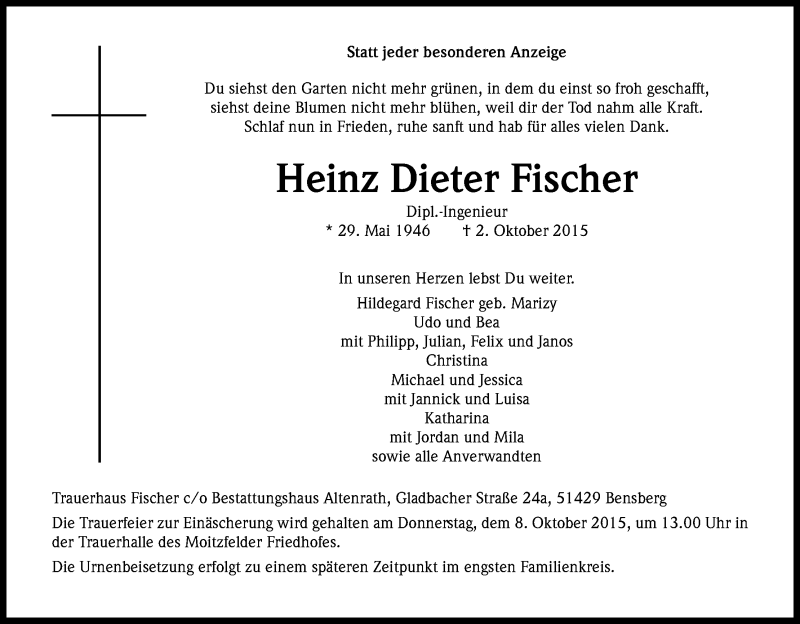  Traueranzeige für Heinz Dieter Fischer vom 06.10.2015 aus Kölner Stadt-Anzeiger / Kölnische Rundschau / Express