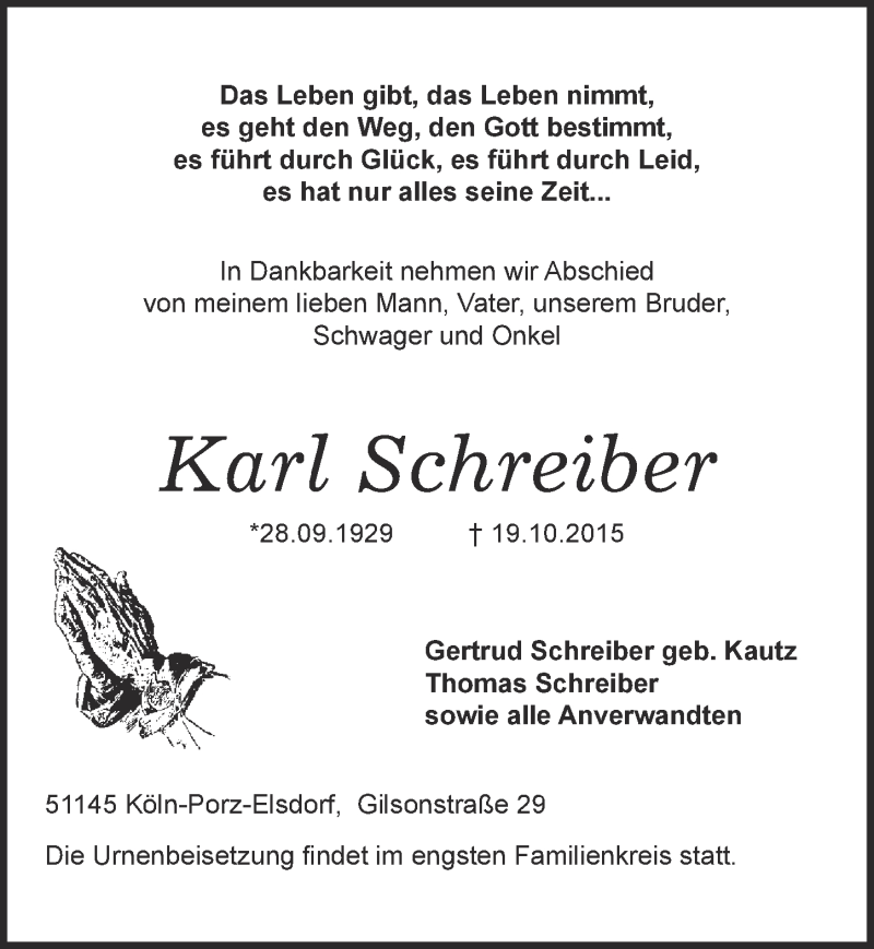  Traueranzeige für Karl Schreiber vom 04.11.2015 aus  Kölner Wochenspiegel 