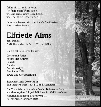 Anzeige von Elfriede Alius von Kölner Stadt-Anzeiger / Kölnische Rundschau / Express