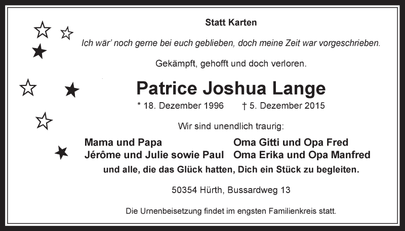  Traueranzeige für Patrice Joshua Lange vom 09.12.2015 aus  Wochenende 