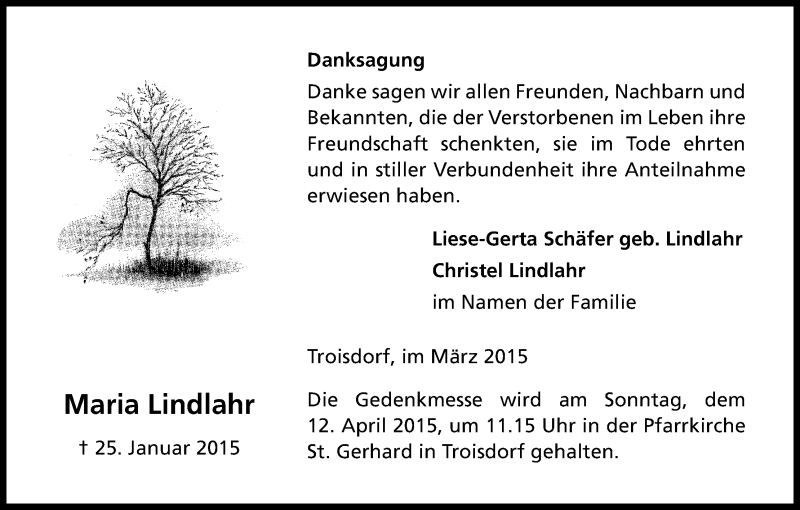  Traueranzeige für Maria Lindlahr vom 07.03.2015 aus Kölner Stadt-Anzeiger / Kölnische Rundschau / Express