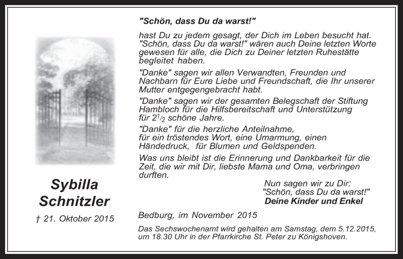  Traueranzeige für Sybilla Schnitzler vom 25.11.2015 aus  Werbepost 