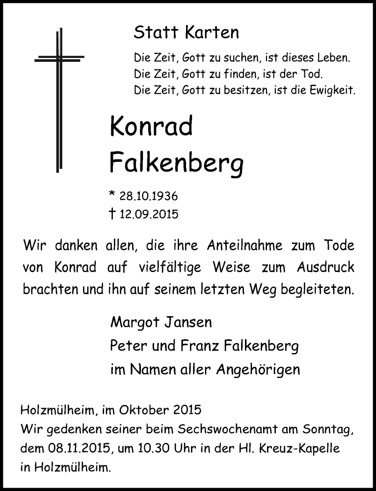  Traueranzeige für Konrad Falkenberg vom 04.10.2015 aus  Blickpunkt Euskirchen 
