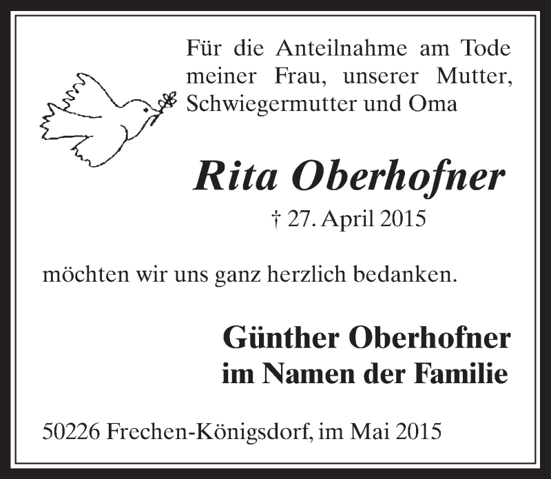  Traueranzeige für Rita Oberhofner vom 27.05.2015 aus  Wochenende 