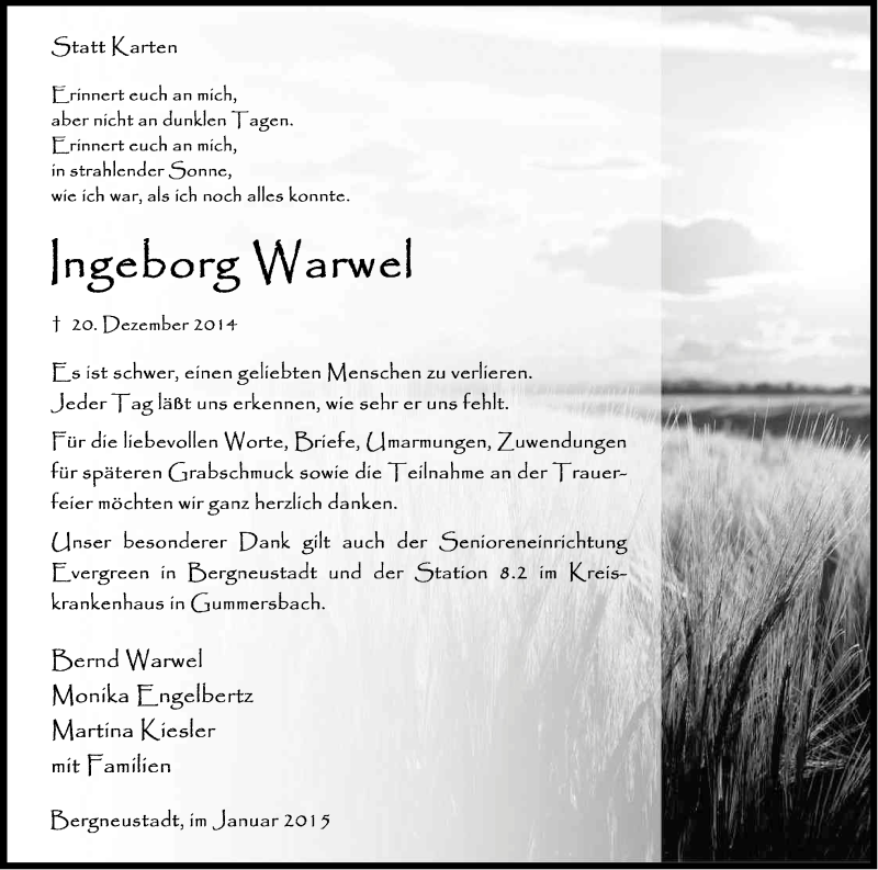  Traueranzeige für Ingeborg Warwel vom 30.01.2015 aus Kölner Stadt-Anzeiger / Kölnische Rundschau / Express