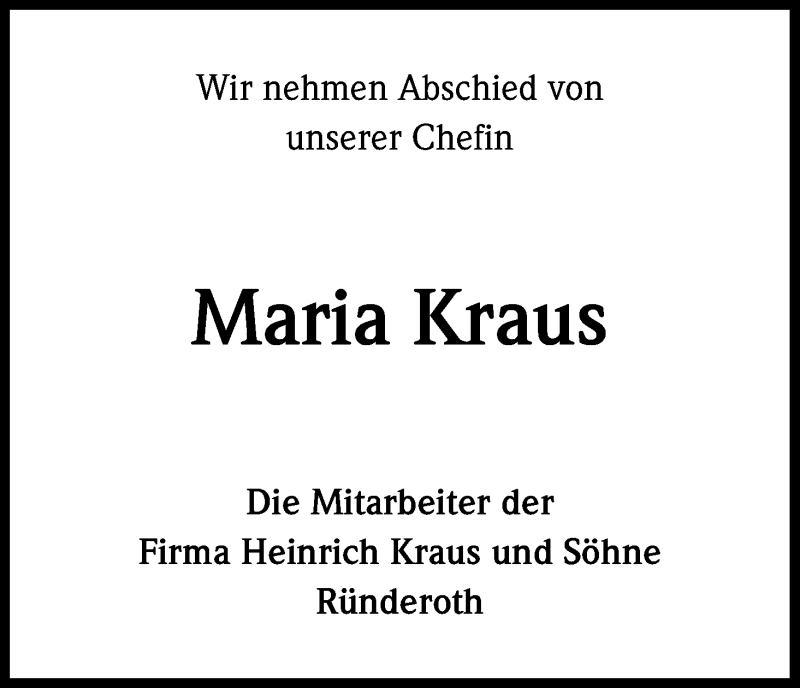  Traueranzeige für Maria Kraus vom 16.09.2015 aus Kölner Stadt-Anzeiger / Kölnische Rundschau / Express