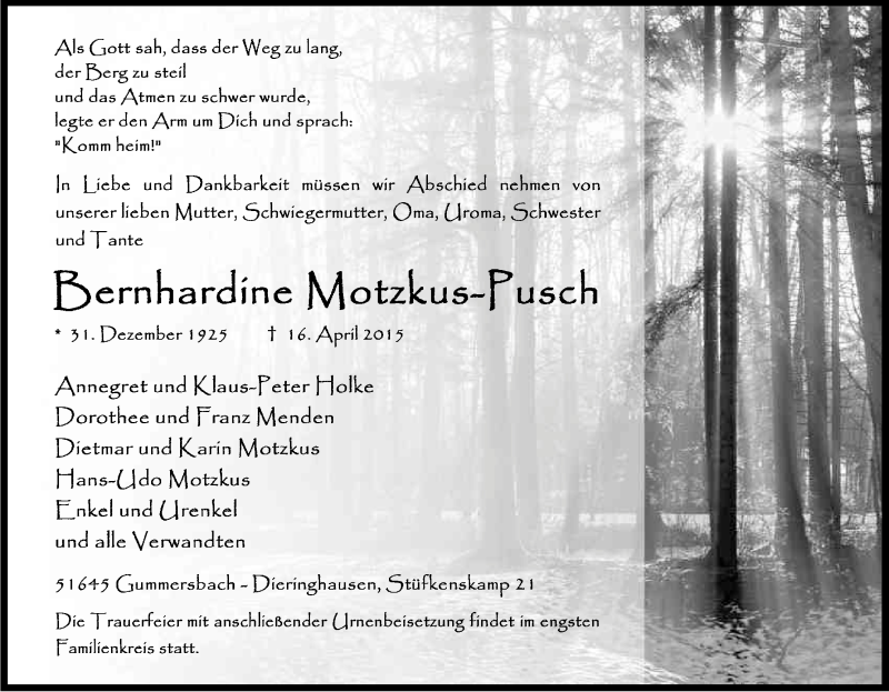 Traueranzeige für Bernhardine Motzkus-Pusch vom 22.04.2015 aus Kölner Stadt-Anzeiger / Kölnische Rundschau / Express