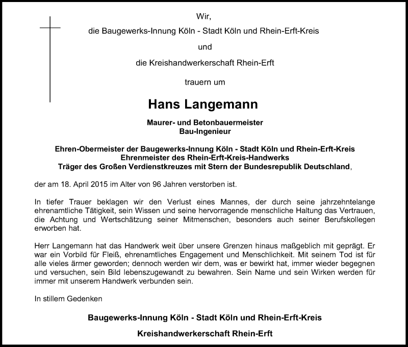  Traueranzeige für Hans Langemann vom 25.04.2015 aus Kölner Stadt-Anzeiger / Kölnische Rundschau / Express