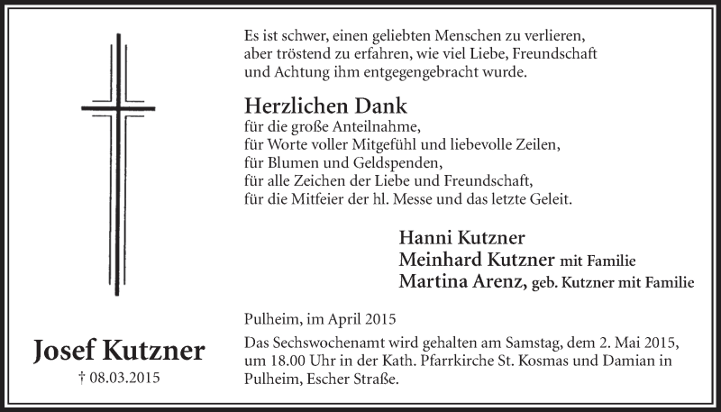  Traueranzeige für Josef Kutzner vom 25.04.2015 aus  Sonntags-Post 
