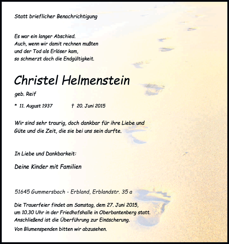  Traueranzeige für Christel Helmenstein vom 23.06.2015 aus Kölner Stadt-Anzeiger / Kölnische Rundschau / Express
