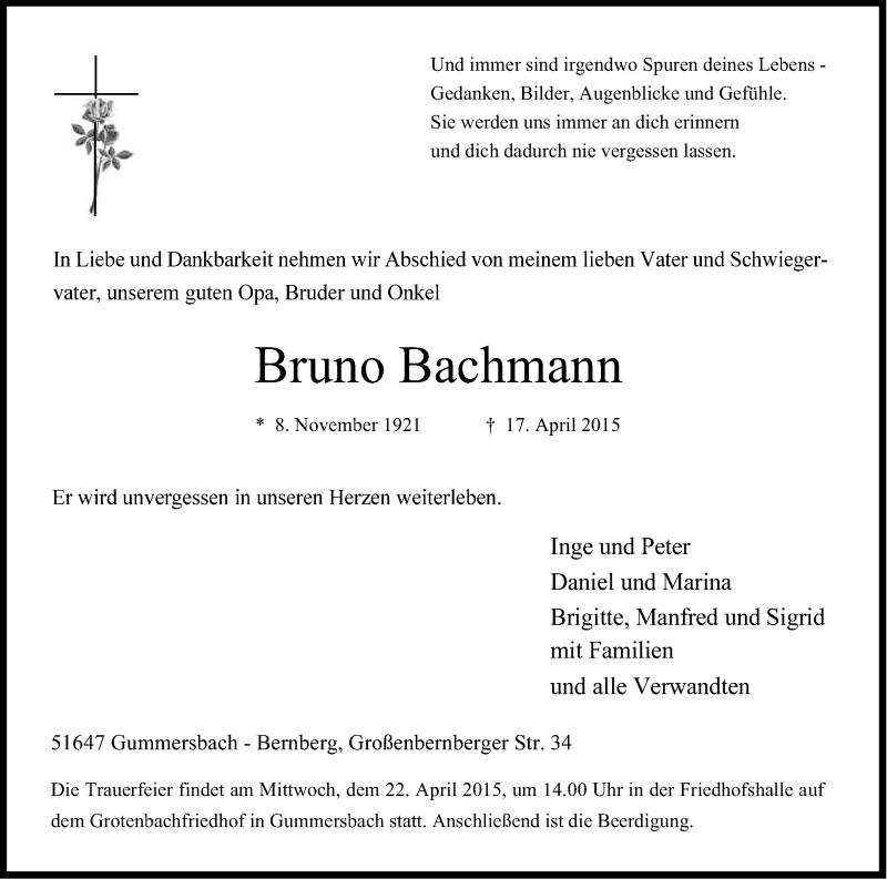  Traueranzeige für Bruno Bachmann vom 20.04.2015 aus Kölner Stadt-Anzeiger / Kölnische Rundschau / Express