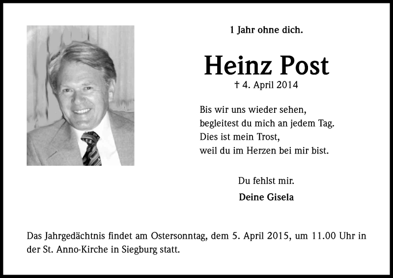  Traueranzeige für Heinz Post vom 31.03.2015 aus Kölner Stadt-Anzeiger / Kölnische Rundschau / Express