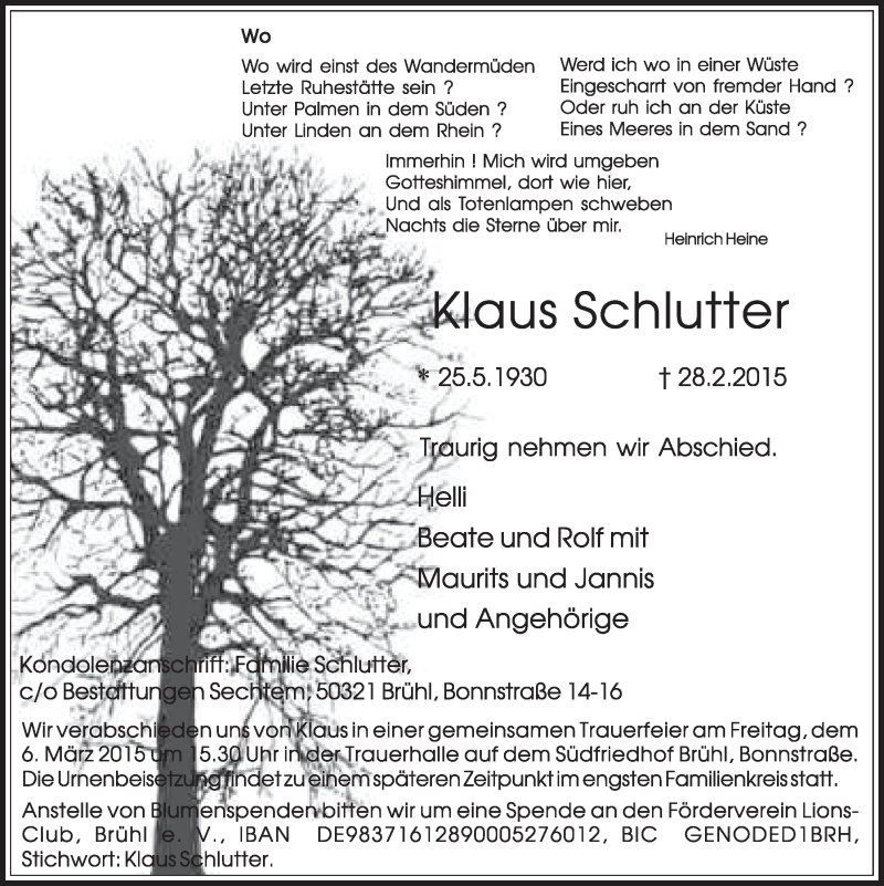 Traueranzeige für Klaus Schlutter vom 04.03.2015 aus  Schlossbote/Werbekurier 