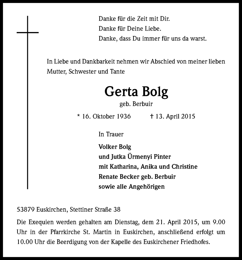  Traueranzeige für Gerta Bolg vom 18.04.2015 aus Kölner Stadt-Anzeiger / Kölnische Rundschau / Express