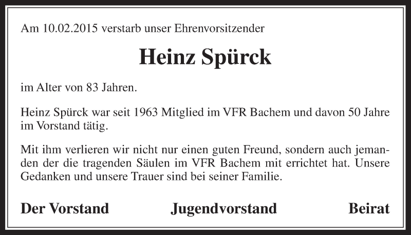  Traueranzeige für Heinz Spürck vom 18.02.2015 aus  Wochenende 