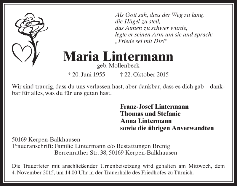  Traueranzeige für Maria Lintermann vom 28.10.2015 aus  Werbepost 