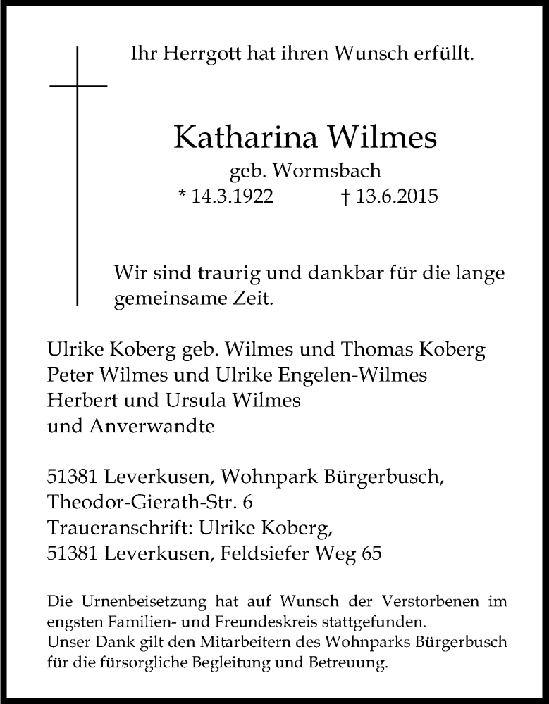  Traueranzeige für Katharina Wilmes vom 02.07.2015 aus Kölner Stadt-Anzeiger / Kölnische Rundschau / Express