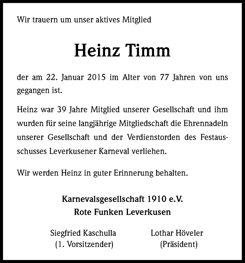  Traueranzeige für Heinz Timm vom 28.01.2015 aus Kölner Stadt-Anzeiger / Kölnische Rundschau / Express