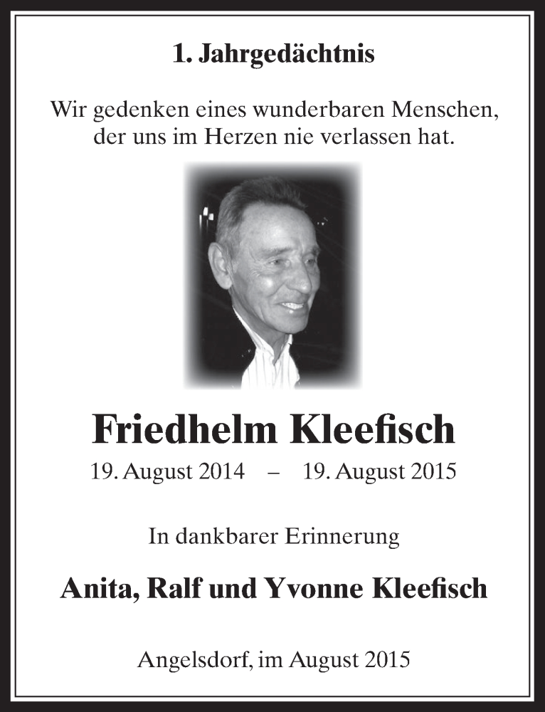  Traueranzeige für Friedhelm Kleefisch vom 19.08.2015 aus  Werbepost 