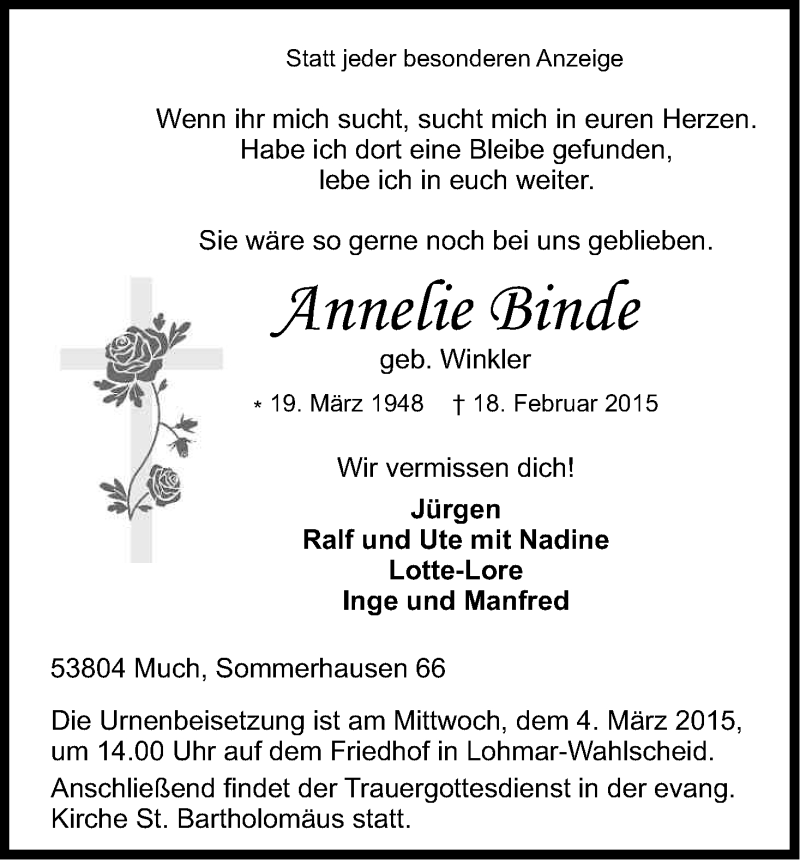  Traueranzeige für Annelie Binde vom 27.02.2015 aus Kölner Stadt-Anzeiger / Kölnische Rundschau / Express