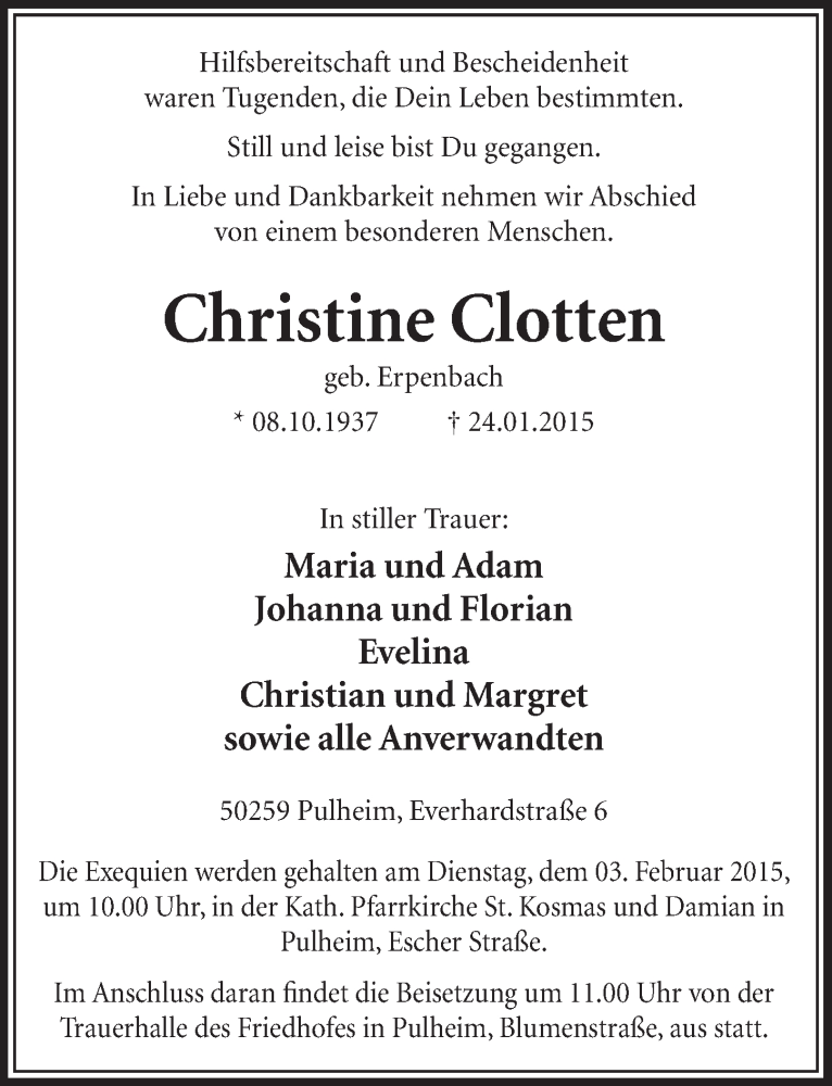  Traueranzeige für Christine Clotten vom 31.01.2015 aus  Sonntags-Post 