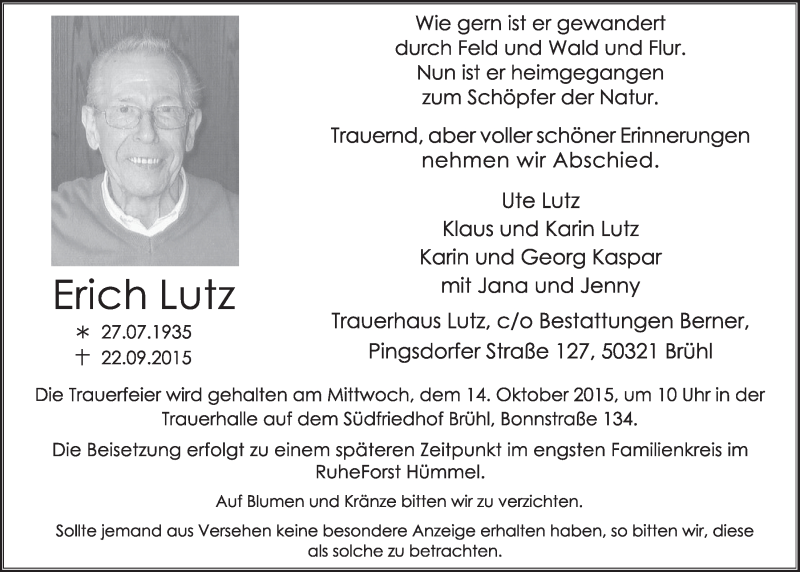  Traueranzeige für Erich Lutz vom 07.10.2015 aus  Schlossbote/Werbekurier 