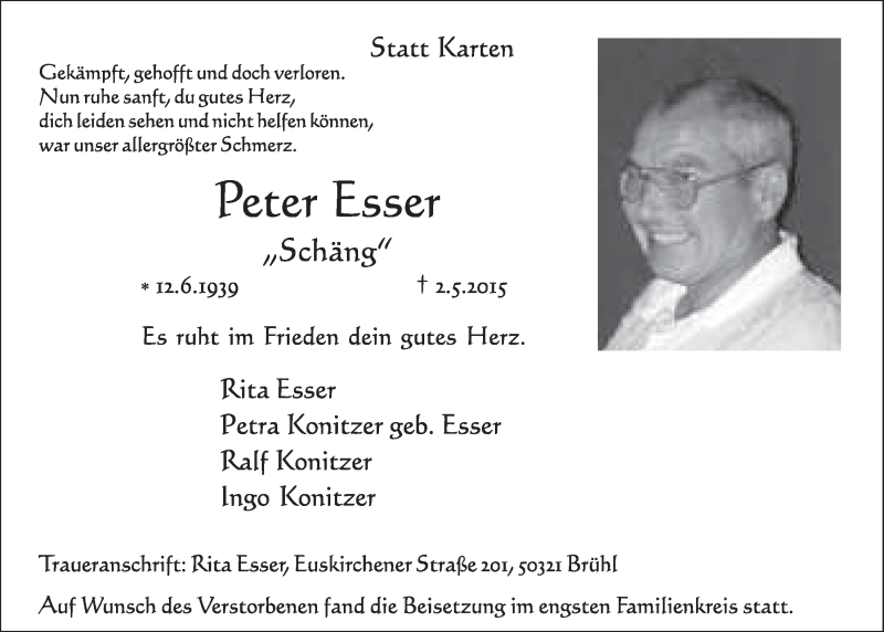  Traueranzeige für Peter Esser vom 27.05.2015 aus  Schlossbote/Werbekurier 