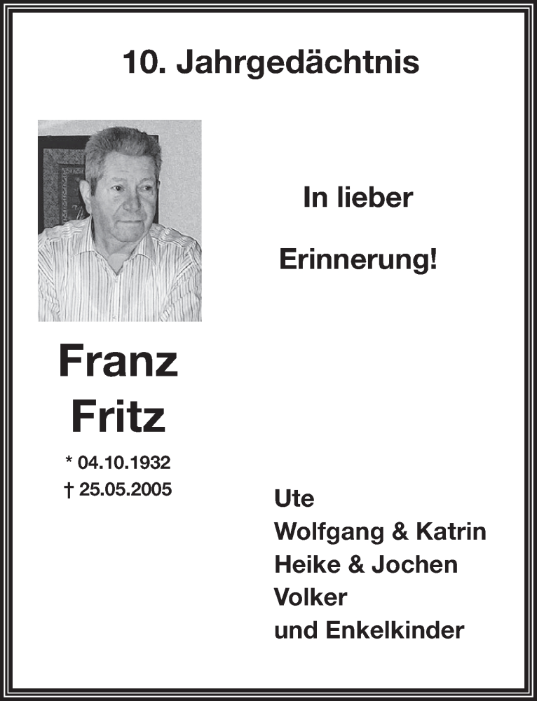 Traueranzeige für Franz Fritz vom 27.05.2015 aus  Schlossbote/Werbekurier 
