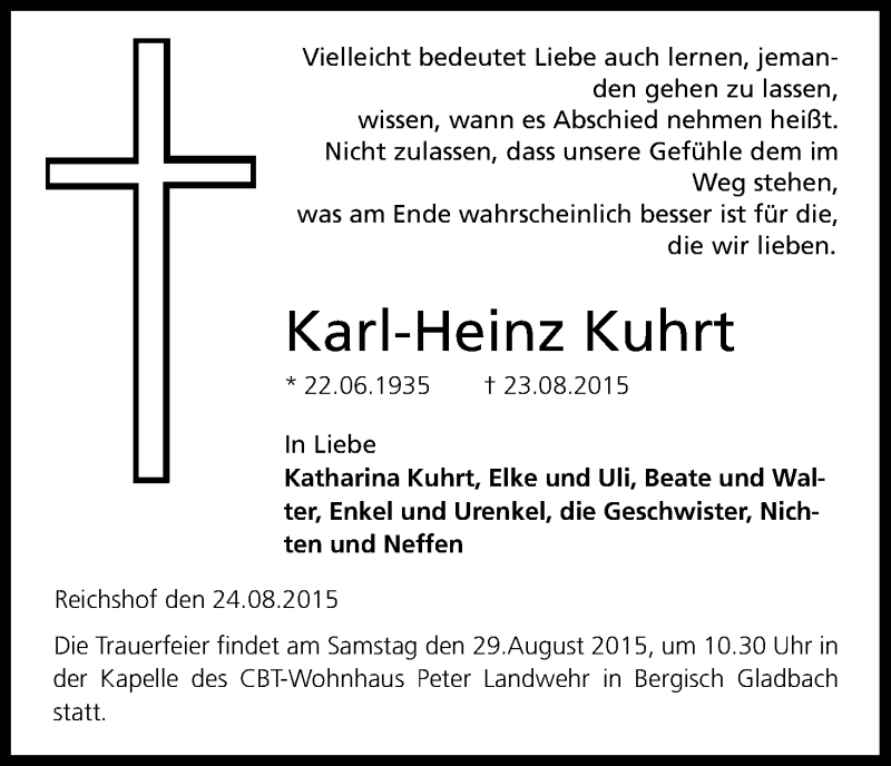  Traueranzeige für Karl-Heinz Kuhrt vom 26.08.2015 aus Kölner Stadt-Anzeiger / Kölnische Rundschau / Express