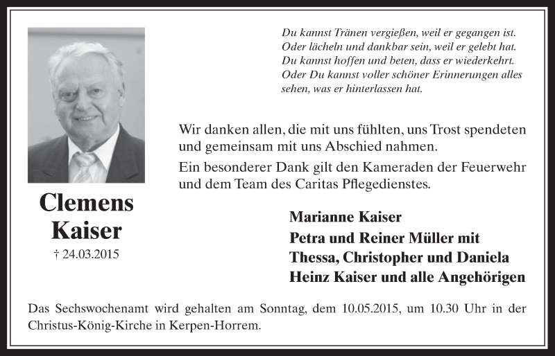  Traueranzeige für Clemens Kaiser vom 06.05.2015 aus  Werbepost 