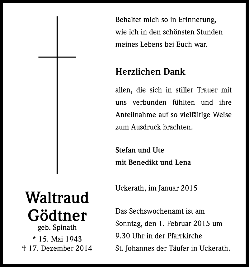  Traueranzeige für Waltraud Gödtner vom 30.01.2015 aus Kölner Stadt-Anzeiger / Kölnische Rundschau / Express