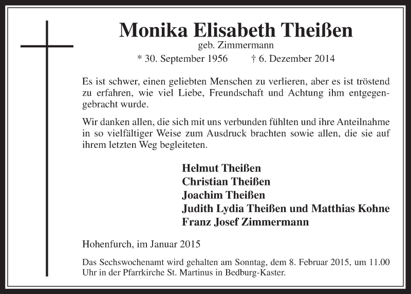  Traueranzeige für Monika Elisabeth Theißen vom 21.01.2015 aus  Werbepost 