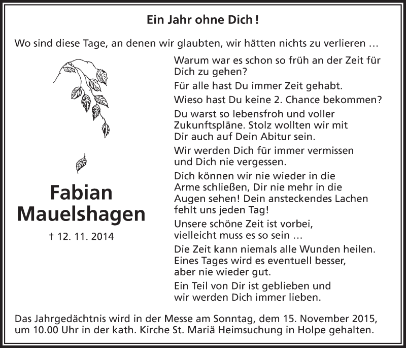 Traueranzeige für Fabian Mauelshagen vom 11.11.2015 aus  Lokalanzeiger 