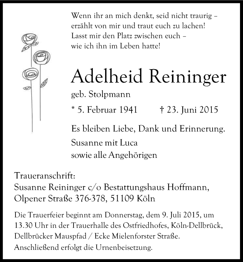  Traueranzeige für Adelheid Reininger vom 04.07.2015 aus Kölner Stadt-Anzeiger / Kölnische Rundschau / Express